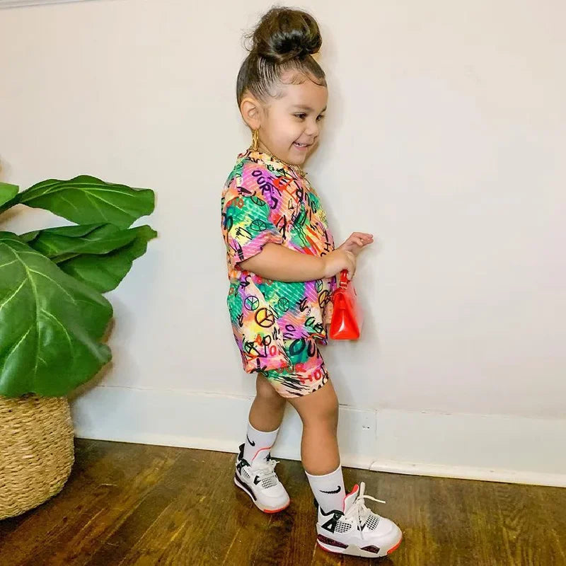 1-8Years Kids Casual Clothes Children's Girls 2pcs Outfits Baby Girl Summer Clothing Sets Short Sleeve Tops+Rainbow Color Shorts