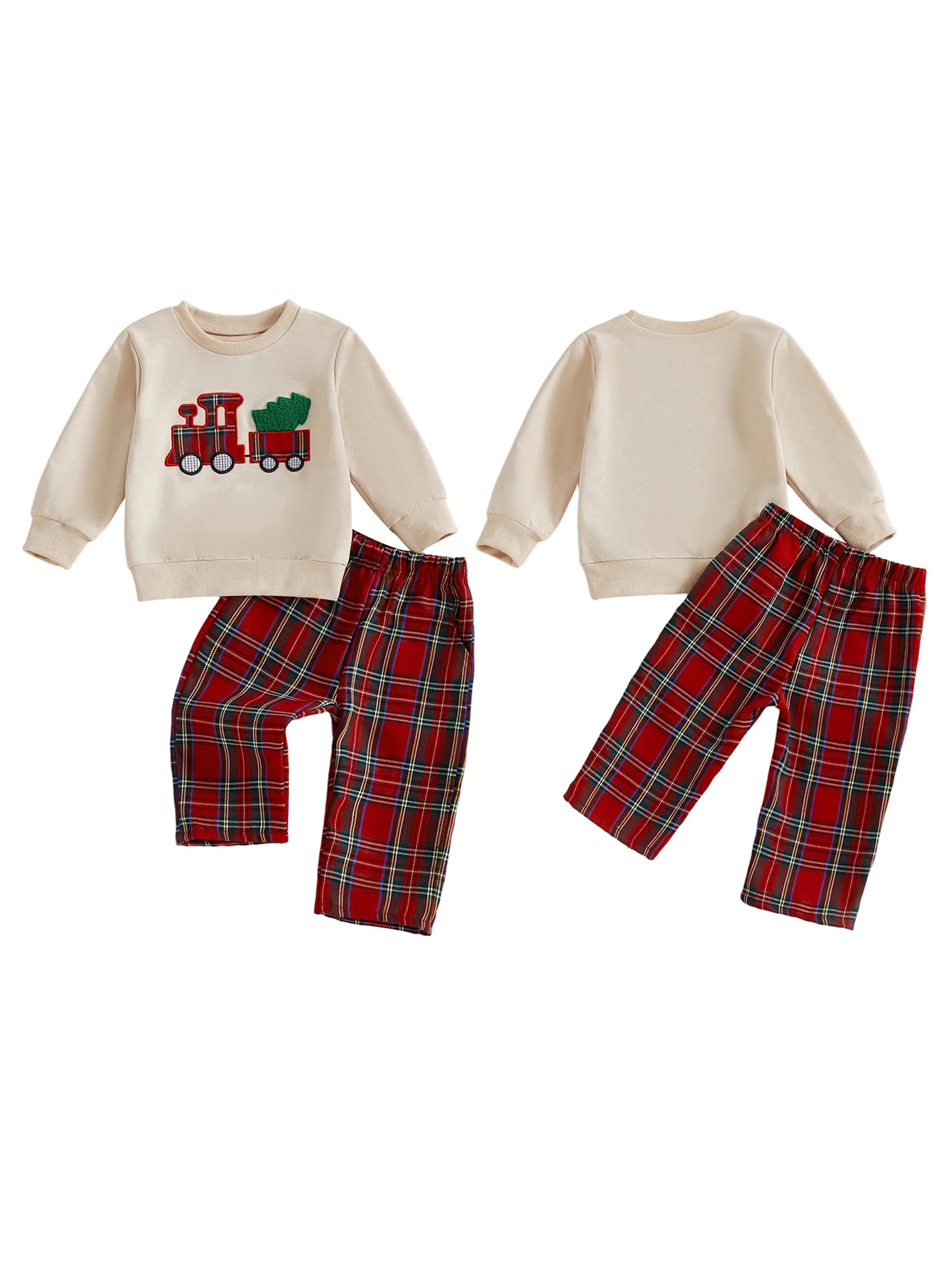 Toddler Boy Christmas Outfits Long Sleeve Reindeer Embroidery Sweater Checkered Pants Set Kids Winter Clothing for Holidays