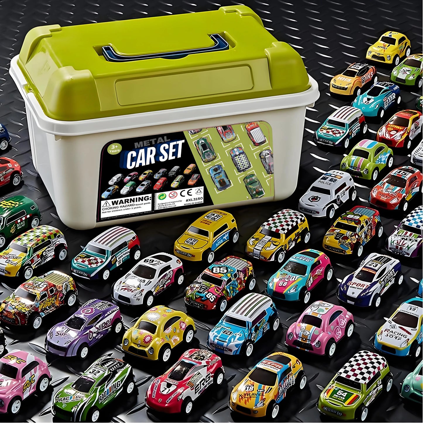 50-Pack Pull Back Cars for Kids, 1:64 Scale Mini Car Toys Bulk Metal Race Vehicles in Storage Bucket - Party Favors Goodie Bag