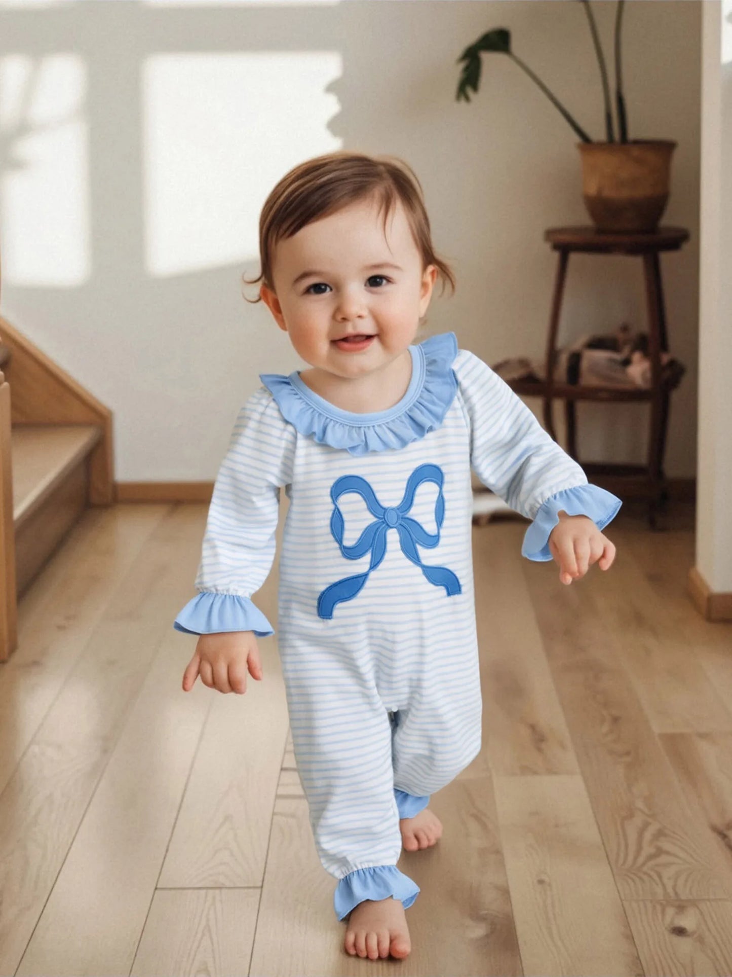 Adorable Toddler Winter  with Floral Embroidery and Ruffle Detail - Long Sleeve Round Neck Baby Girl Romper Pajamas