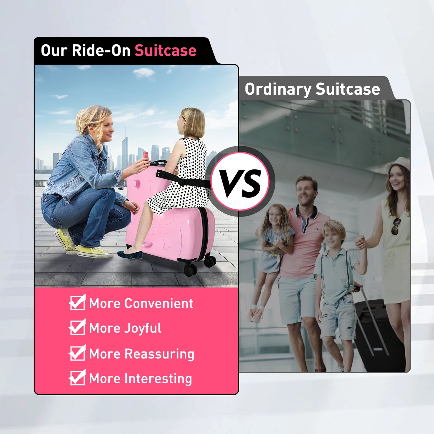 20" Kids Ride On Suitcase Rolling Luggage Trolley Case with Lock Waterproof PC Material for 3-6 Years Old