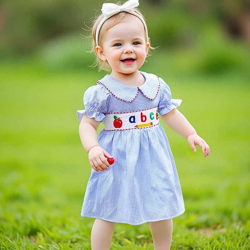 Girls Summer Dress with Cute Strawberry Embroidery and Peter Pan Collar Short Sleeve Casual Dress for Toddler Kids