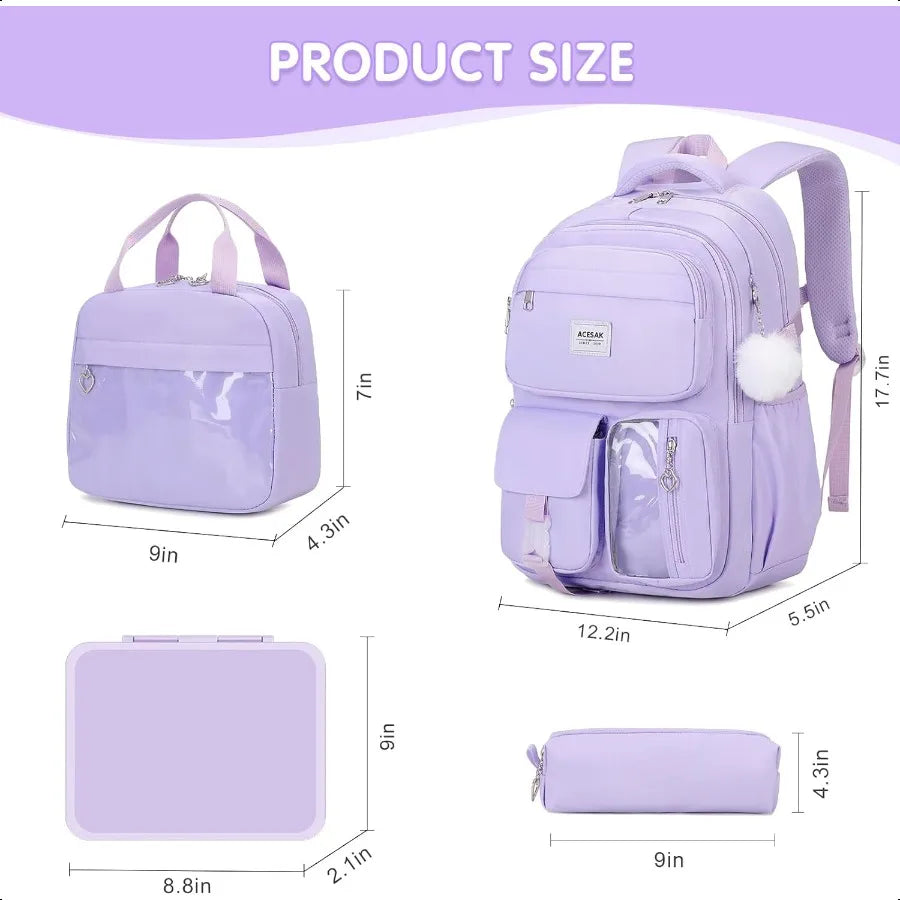 Girls Backpack Bento Box with Insulated Lunch Bag Pencil Case Utensils Set for 6 Leakproof Compartments Removable Tray Lunches