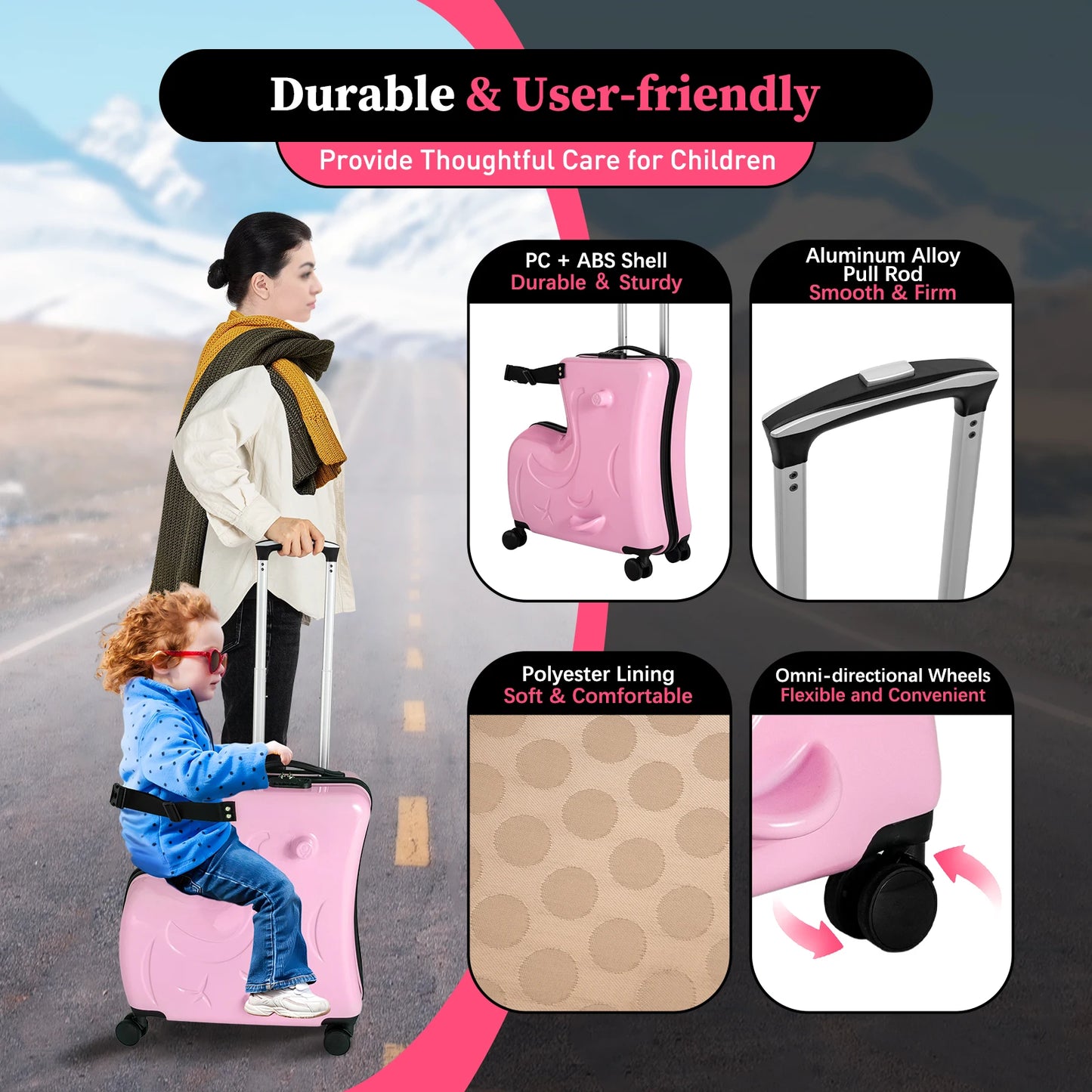 20" Kids Ride On Suitcase Rolling Luggage Trolley Case with Lock Waterproof PC Material for 3-6 Years Old