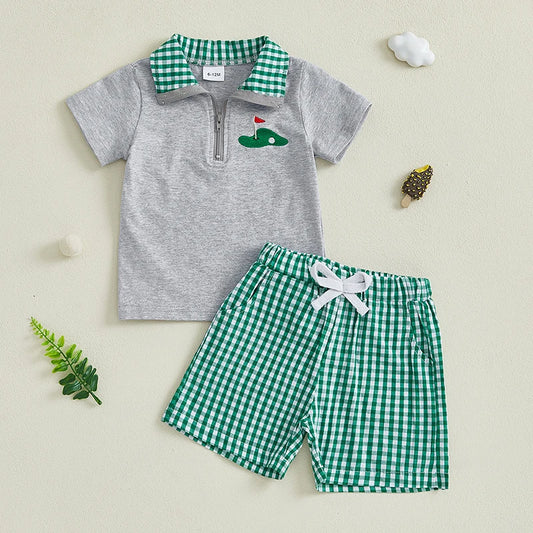 Toddler Boys Summer Outfits Golf Embroidery Short Sleeve T-Shirts Elastic Waist Shorts 2Pcs Clothes Set