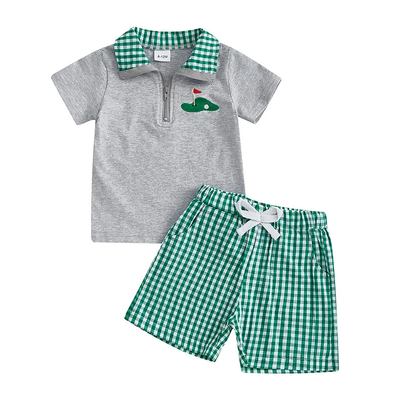 Toddler Boys Summer Outfits Golf Embroidery Short Sleeve T-Shirts Elastic Waist Shorts 2Pcs Clothes Set