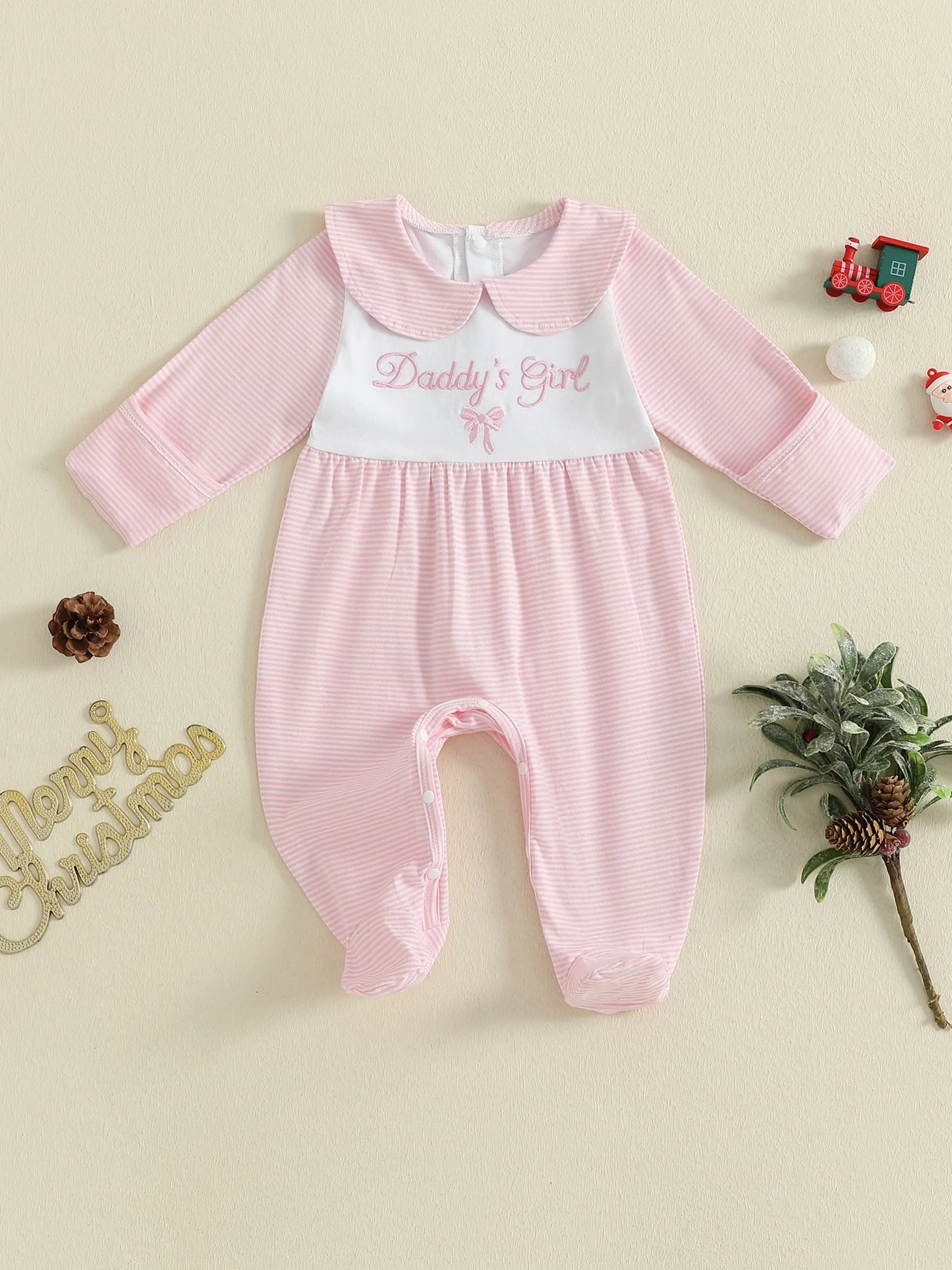 Infant Girls Autumn Romper with Striped Print and Embroidered Letters Long Sleeves Peter Pan Collar and Full-Length Design