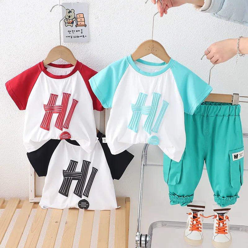 2 Piece Children's Clothing 2025 Baby Boy Clothes 1-5T Letter Patchwork Short Sleeve T-shirts and Shorts Kids Boys Suit