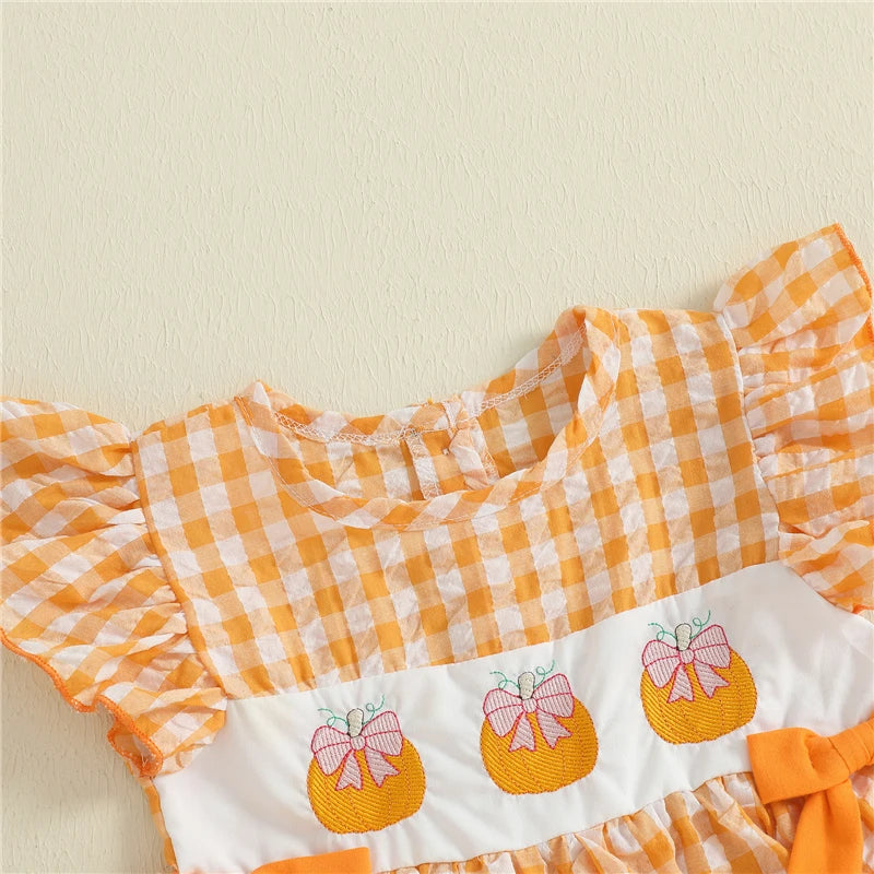 Toddler Baby Girl Halloween Dress Gingham Pumpkin Embroidered Flying Sleeve A-line Dress with Bows Cute Fall Clothes