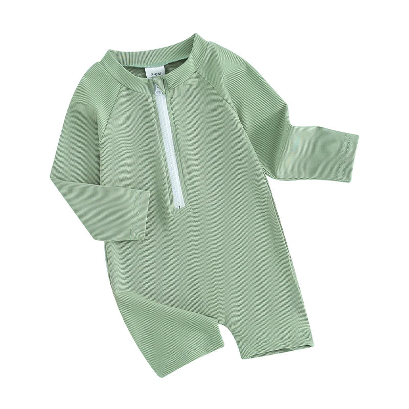 Infant Unisex  Swimwear Stylish Round Neck Long Sleeve Zipper Front Solid Color Swimsuit for Baby Boy Girl