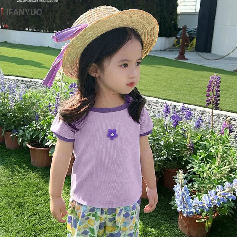 1-7Y Children's Short Sleeved T-shirt New Girls Square Neck Shirts Cute Stylish Baby Breathable