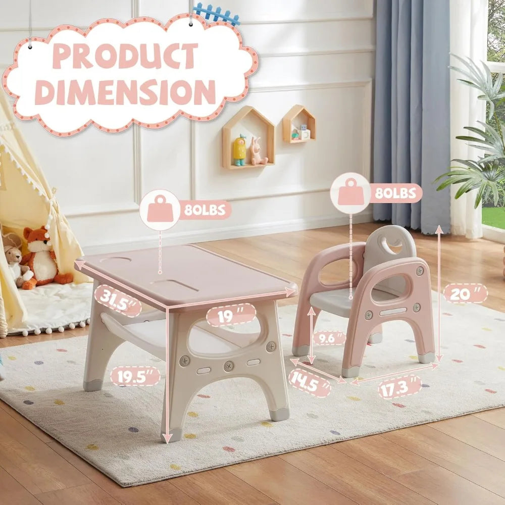 Kids Table and Chair Set, Plastic Children Activity Table with 2 Chairs, Toddler Table and Chair Set for Reading, Drawing