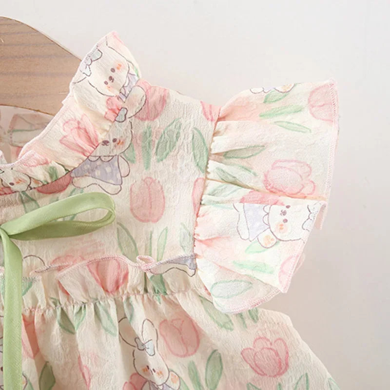 Girl Dress Tulip Cartoon Rabbit Print Small Flying Sleeves Flower Neck Bow Ribbon Tulip Flower Pattern