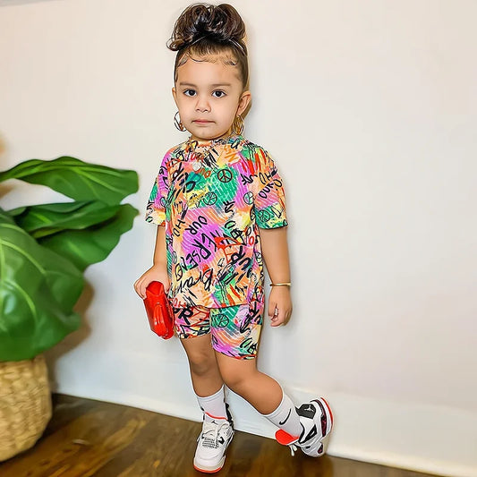 1-8Years Kids Casual Clothes Children's Girls 2pcs Outfits Baby Girl Summer Clothing Sets Short Sleeve Tops+Rainbow Color Shorts