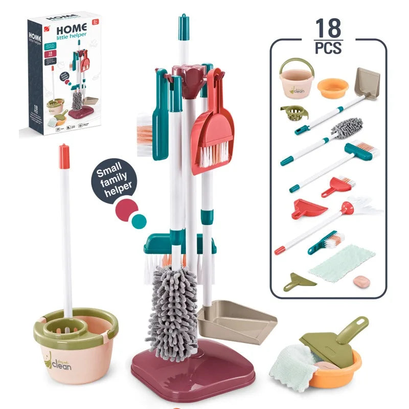 Kid Cleaning Toy Set Detachable Housekeeping Cart with Cleaning Tools Pretend Play Toys Gifts for Child Develop Hand-on Ability