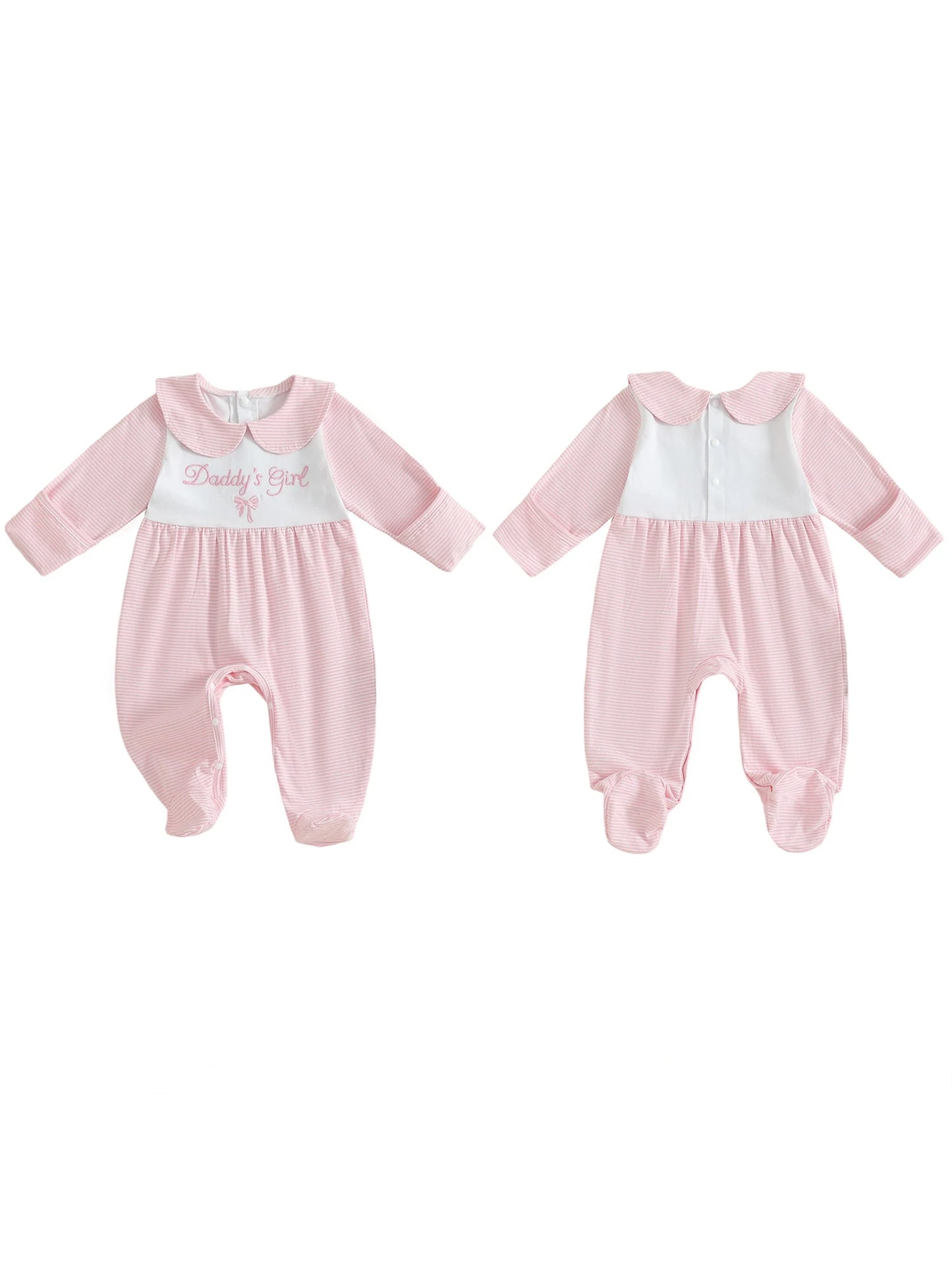 Infant Girls Autumn Romper with Striped Print and Embroidered Letters Long Sleeves Peter Pan Collar and Full-Length Design
