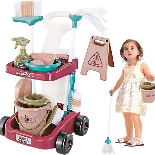 Kid Cleaning Toy Set Detachable Housekeeping Cart with Cleaning Tools Pretend Play Toys Gifts for Child Develop Hand-on Ability