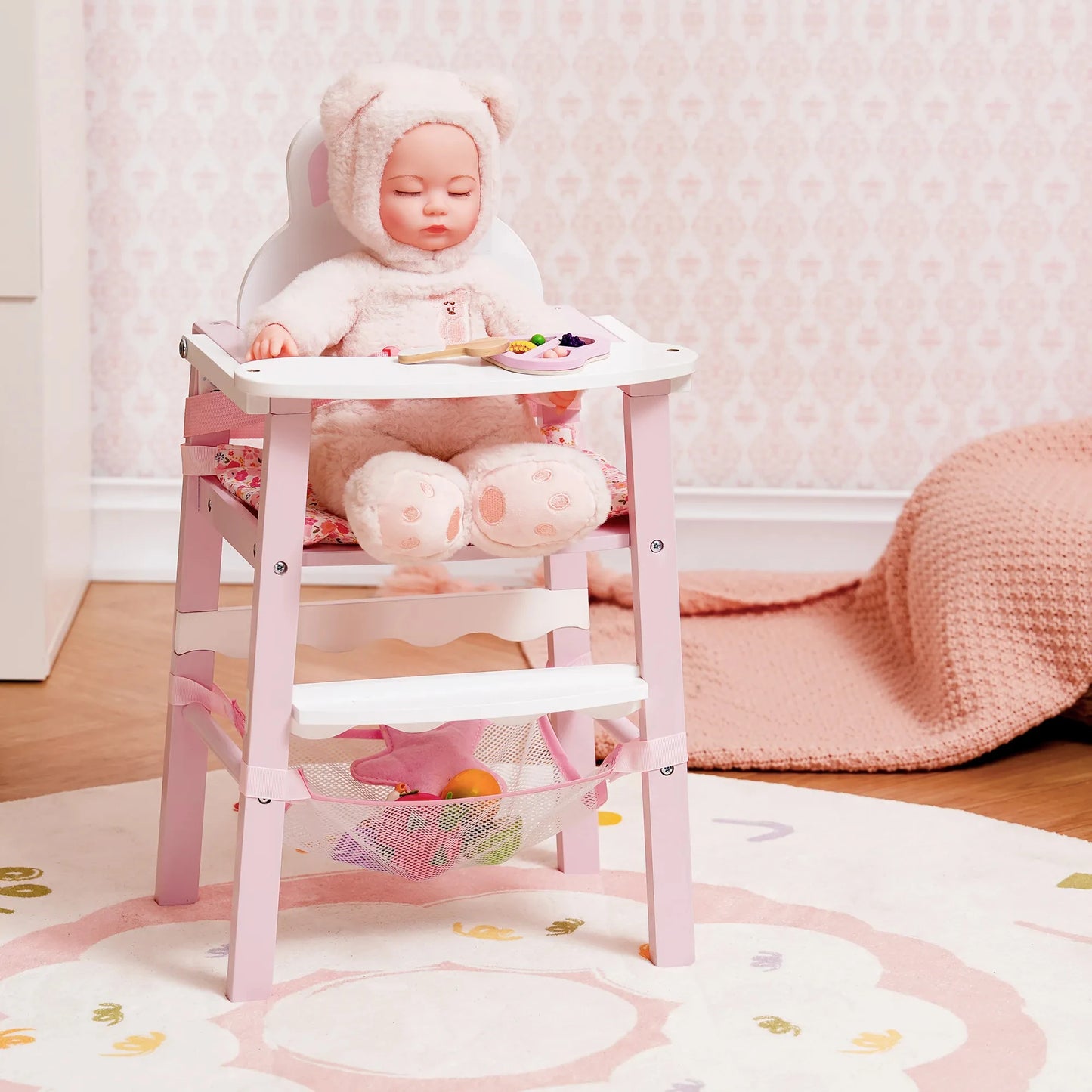 Baby Doll Crib Rabbit Wooden Doll Bed Toy with Storage Bedding Doll Crib Fits Dolls within 21" Doll Furniture for Girls 3+
