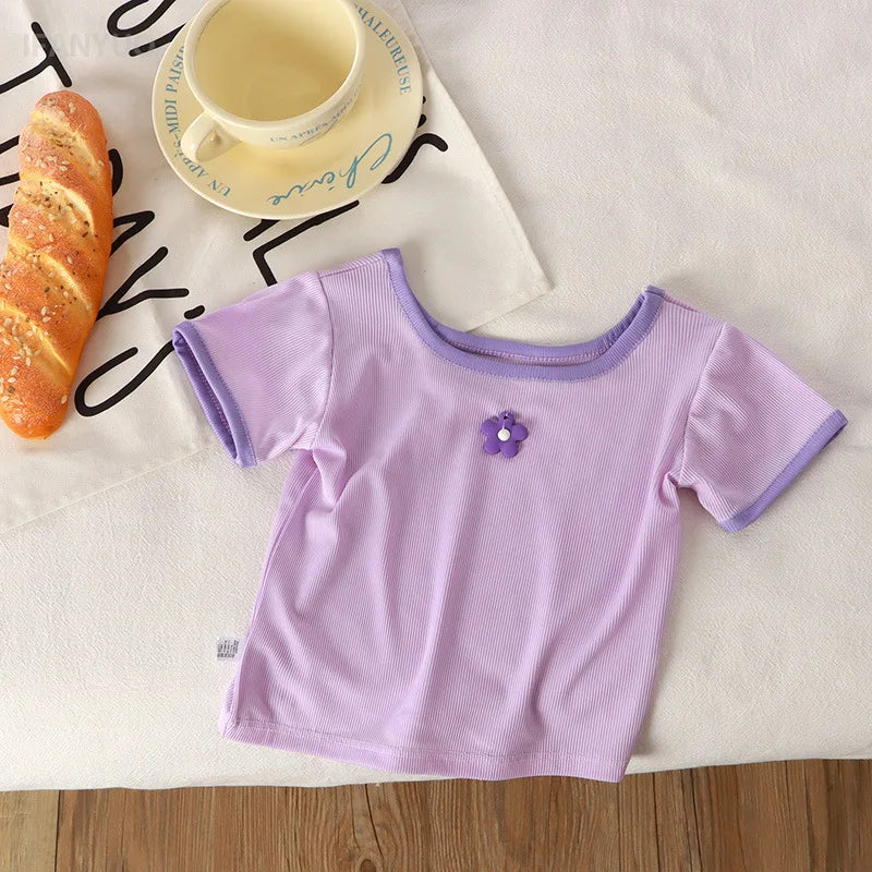 1-7Y Children's Short Sleeved T-shirt New Girls Square Neck Shirts Cute Stylish Baby Breathable