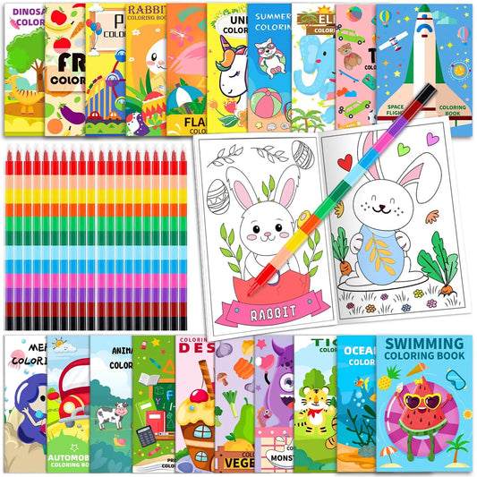 20 Pack Coloring Books for Kids with 20 Stacking Crayons Set Mini Coloring Books Bulk for Kids Ages 2-4-8-12 Small Activity Book