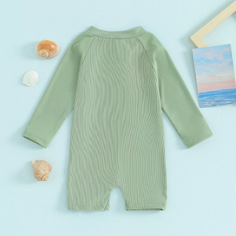 Infant Unisex  Swimwear Stylish Round Neck Long Sleeve Zipper Front Solid Color Swimsuit for Baby Boy Girl