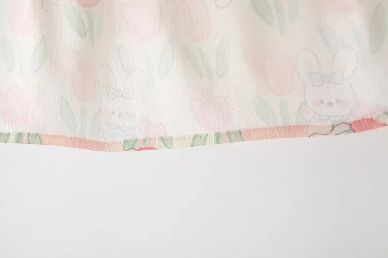 Girl Dress Tulip Cartoon Rabbit Print Small Flying Sleeves Flower Neck Bow Ribbon Tulip Flower Pattern
