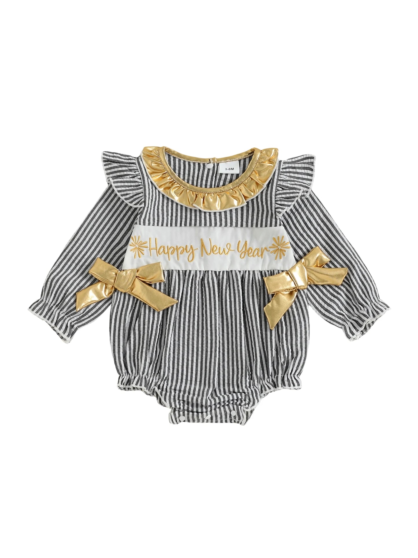 Infant Girls New Year Romper with Stripe Print Embroidered Letters Long Sleeves and Ruffled Round Neckline Jumpsuit