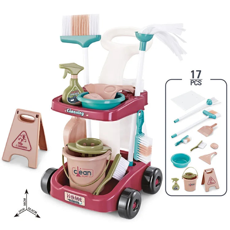 Kid Cleaning Toy Set Detachable Housekeeping Cart with Cleaning Tools Pretend Play Toys Gifts for Child Develop Hand-on Ability