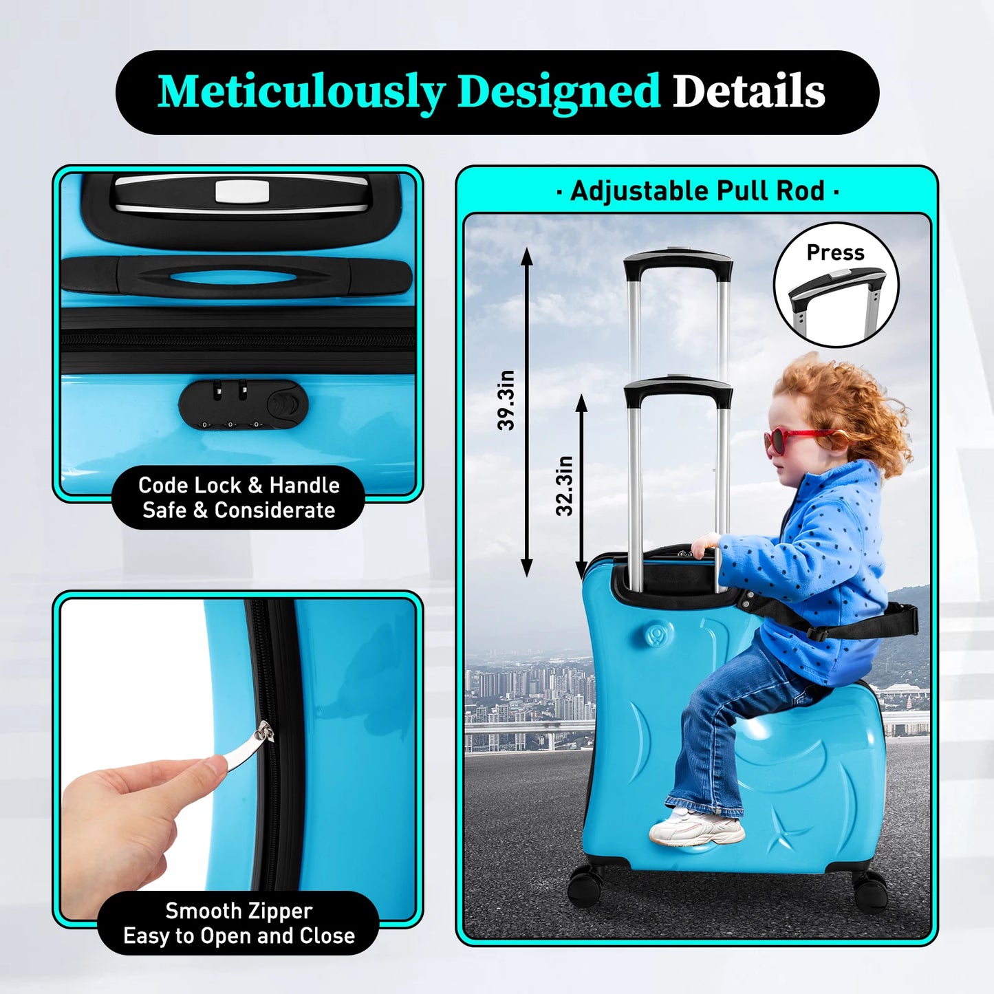 20" Kids Riding Suitcase Portable Travel Trolley Case with 360° Universal Wheel Pedal Handrail for 3-6 Years Old Load 66lbs Blue