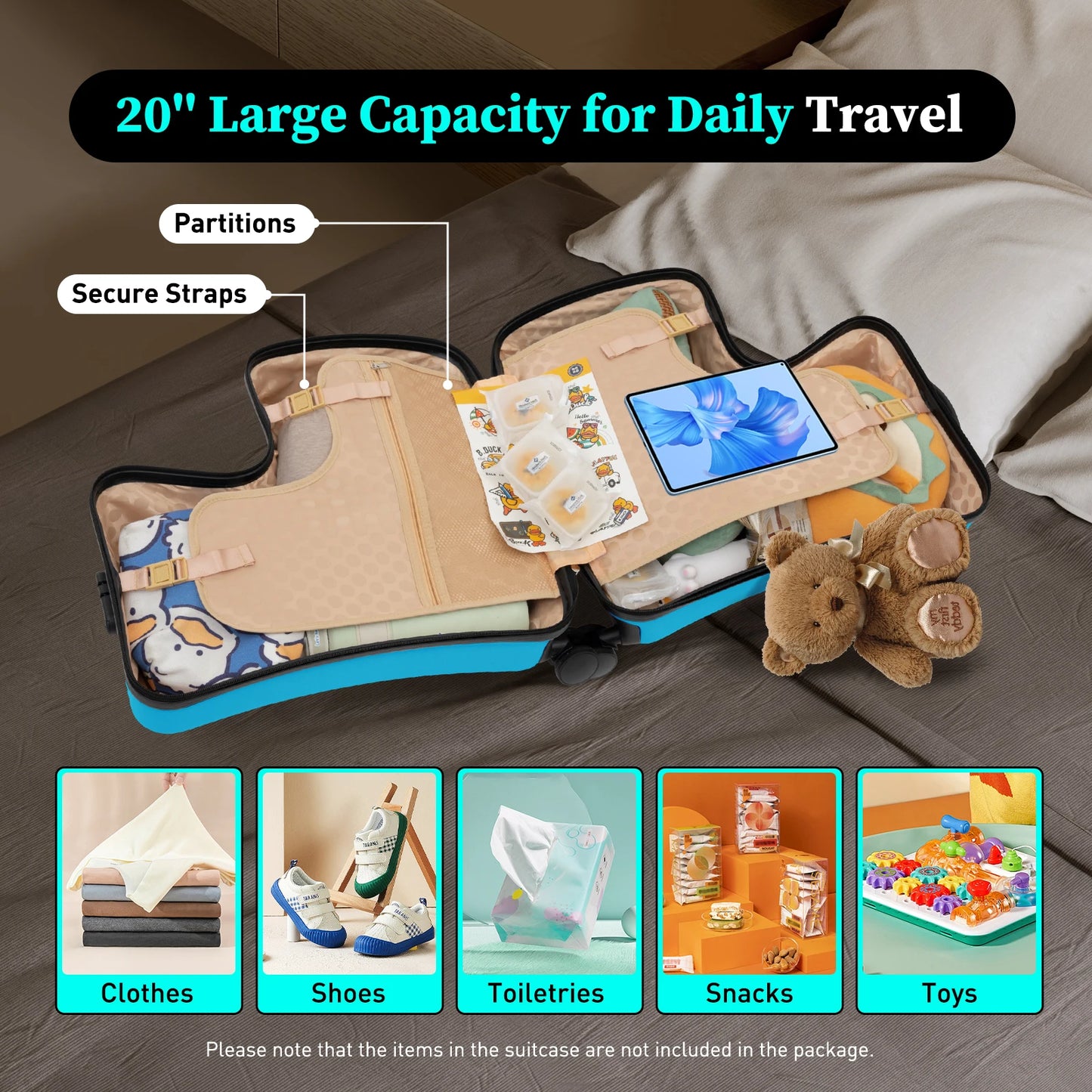 20" Kids Riding Suitcase Portable Travel Trolley Case with 360° Universal Wheel Pedal Handrail for 3-6 Years Old Load 66lbs Blue