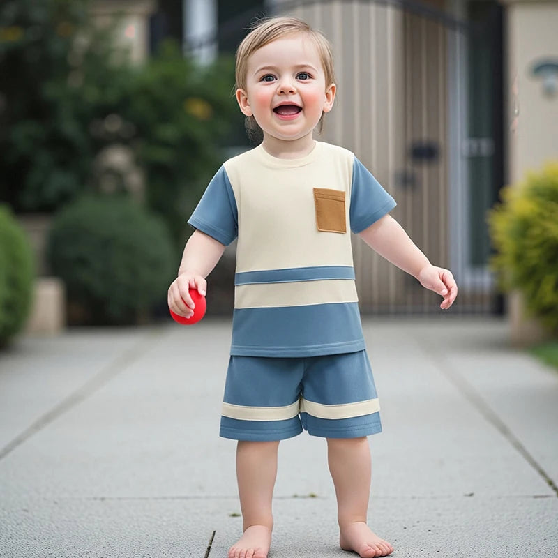 Baby Boys Casual Summer Outfits Striped Short Sleeve T-Shirts and Drawstring Waist Shorts 2-Piece Clothing Set
