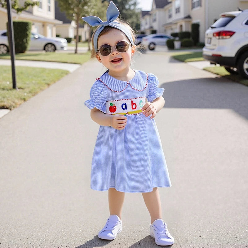 Girls Summer Dress with Cute Strawberry Embroidery and Peter Pan Collar Short Sleeve Casual Dress for Toddler Kids
