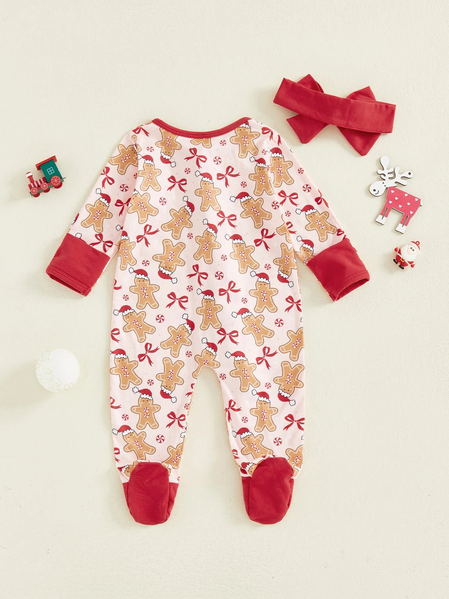 Baby Girl Christmas Outfit Gingerbread Bow Ruffle Long Sleeve Footed Romper and Headband 2 Piece Set