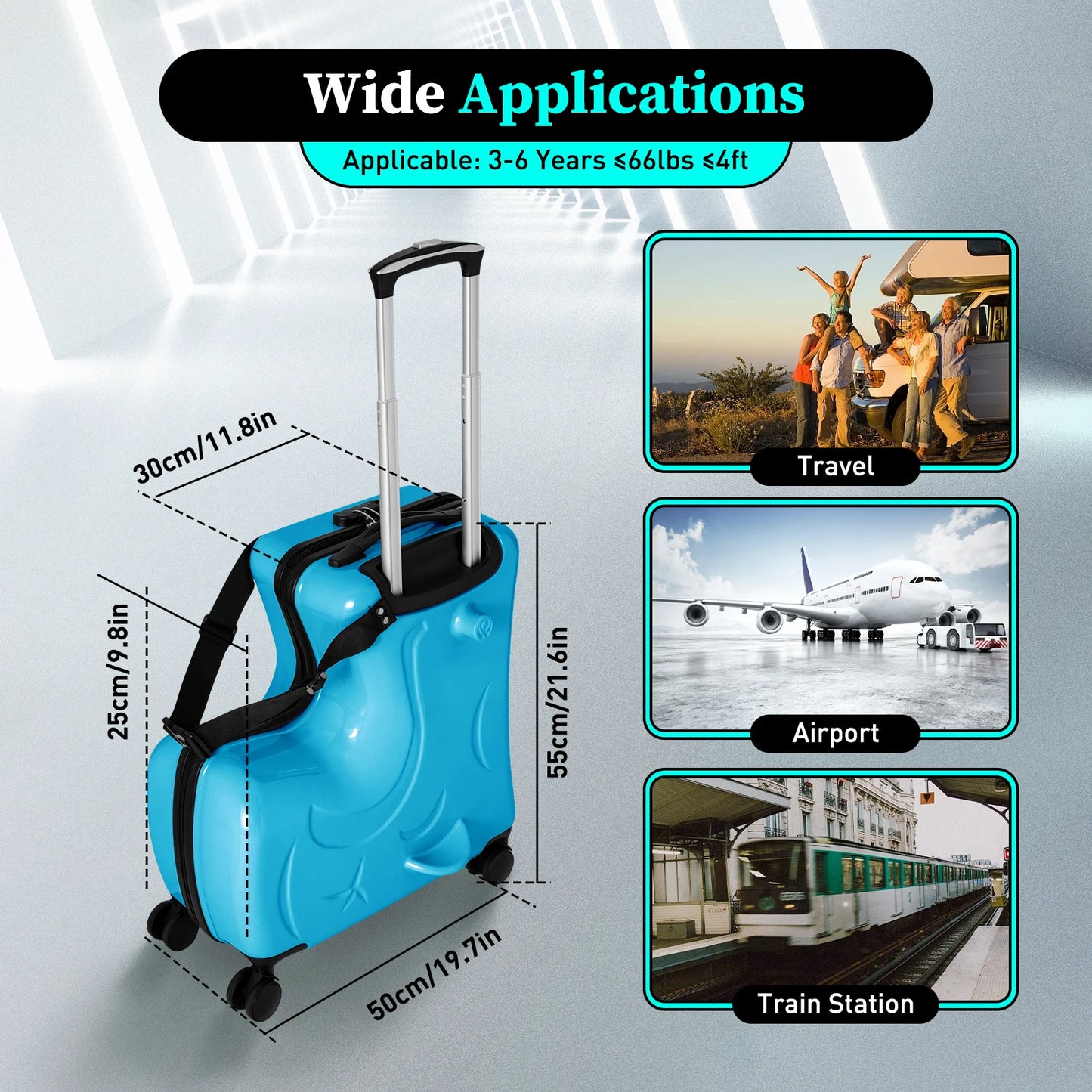 20" Kids Riding Suitcase Portable Travel Trolley Case with 360° Universal Wheel Pedal Handrail for 3-6 Years Old Load 66lbs Blue