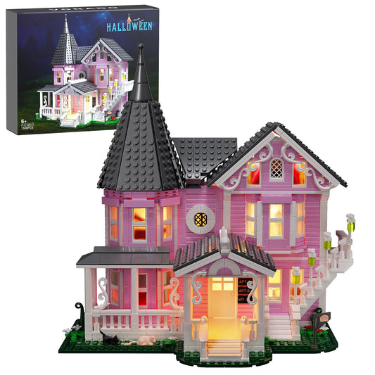 Pink Palace House Building Blocks Set with Lights,Horror Haunted House Bricks Toys Christmas Halloween Gifts for Kids(1349PCS)