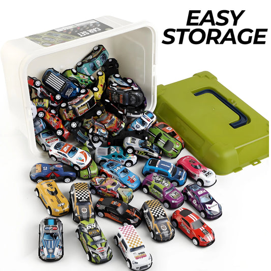 50-Pack Pull Back Cars for Kids, 1:64 Scale Mini Car Toys Bulk Metal Race Vehicles in Storage Bucket - Party Favors Goodie Bag