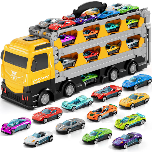 Kids Toy Trucks Ejection Race Track, Catapulting Racing Track with 12 Cars, Kid’s Cool Folding Truck Toy, Cars Storage Toy Sets