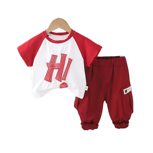 2 Piece Children's Clothing 2025 Baby Boy Clothes 1-5T Letter Patchwork Short Sleeve T-shirts and Shorts Kids Boys Suit