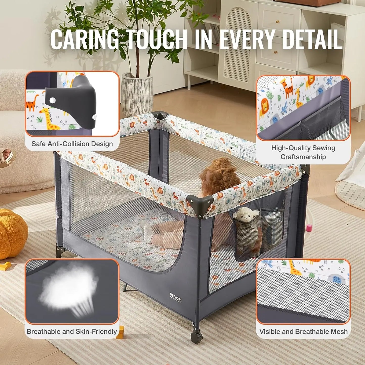 Baby Travel Crib and Play Yard, Folding Baby Playpen with Soft Mattress Pad, Portable Toddlers Crib with Breathable Mesh and Tra
