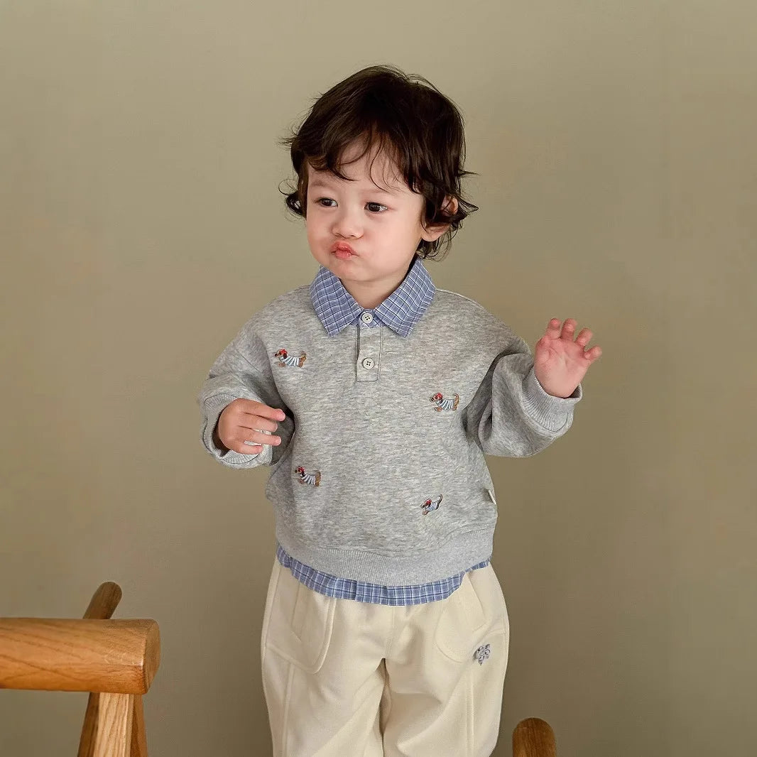 Children's Label Sweater New Autumn Boys' Cartoon Bottoming Shirt  Baby Girl's Fake Two-piece Pullover Tops