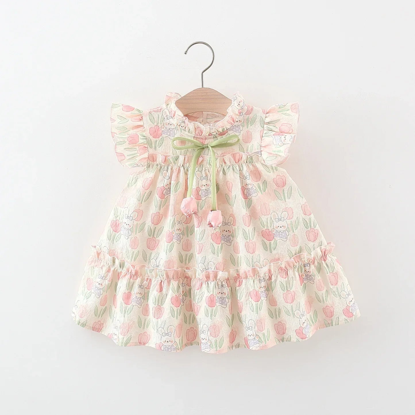 Girl Dress Tulip Cartoon Rabbit Print Small Flying Sleeves Flower Neck Bow Ribbon Tulip Flower Pattern