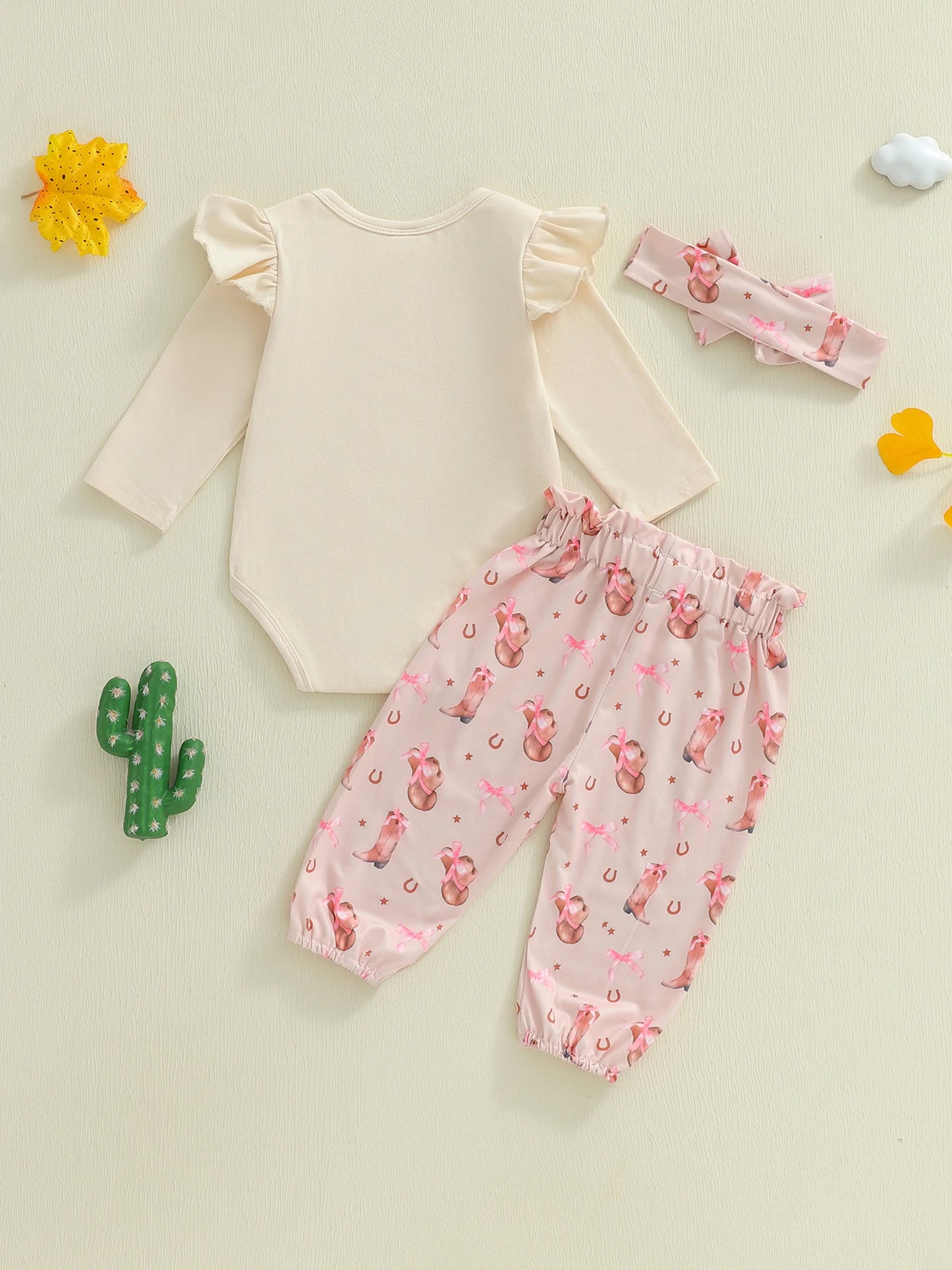 Toddler Girl Winter Clothes Set Long Sleeve Letter Print Romper Boot Pattern Pants Bow Headband 3 Piece Outfit