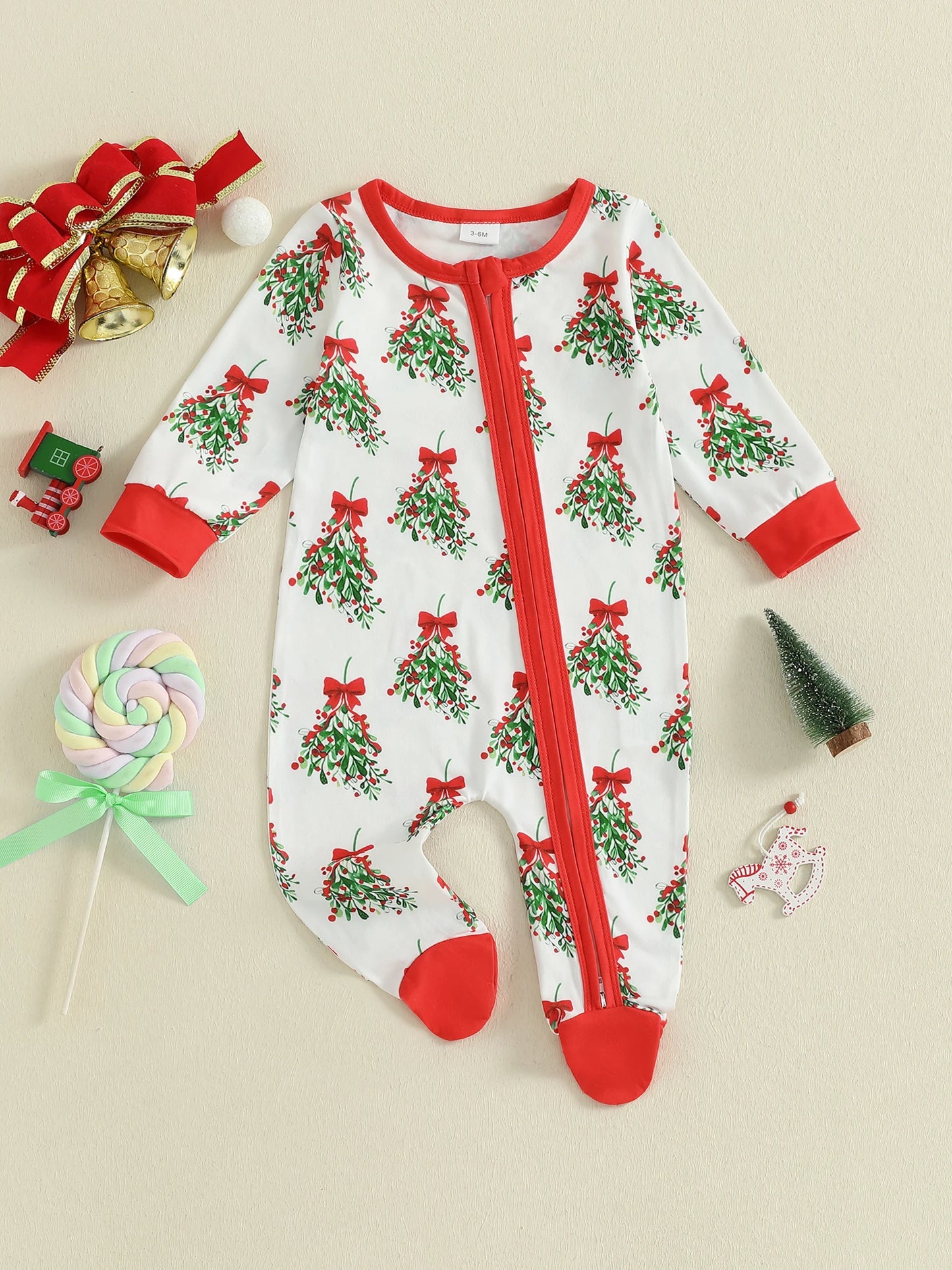 Christmas Baby Romper with Reindeer Print and Hooded Design Long Sleeve Zip Up Round Neck Footed Jumpsuit for Newborns
