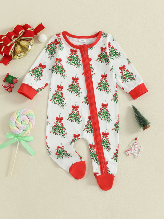 Christmas Baby Romper with Reindeer Print and Hooded Design Long Sleeve Zip Up Round Neck Footed Jumpsuit for Newborns