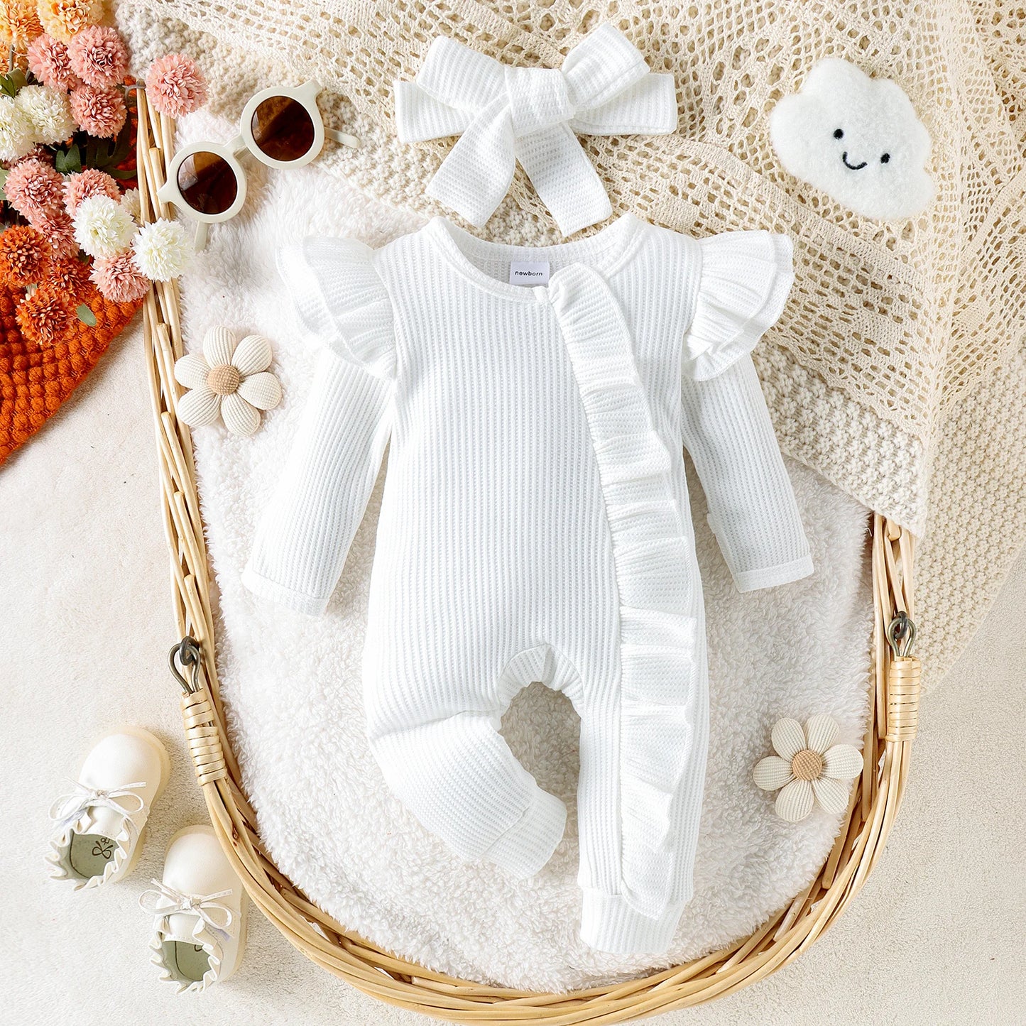 2PCS Autumn New Style 0-1 Year Old Girl Baby Sweet And Cute Solid Color Flying Sleeve Waffle Long-Sleeved Jumpsuit + Hair Band