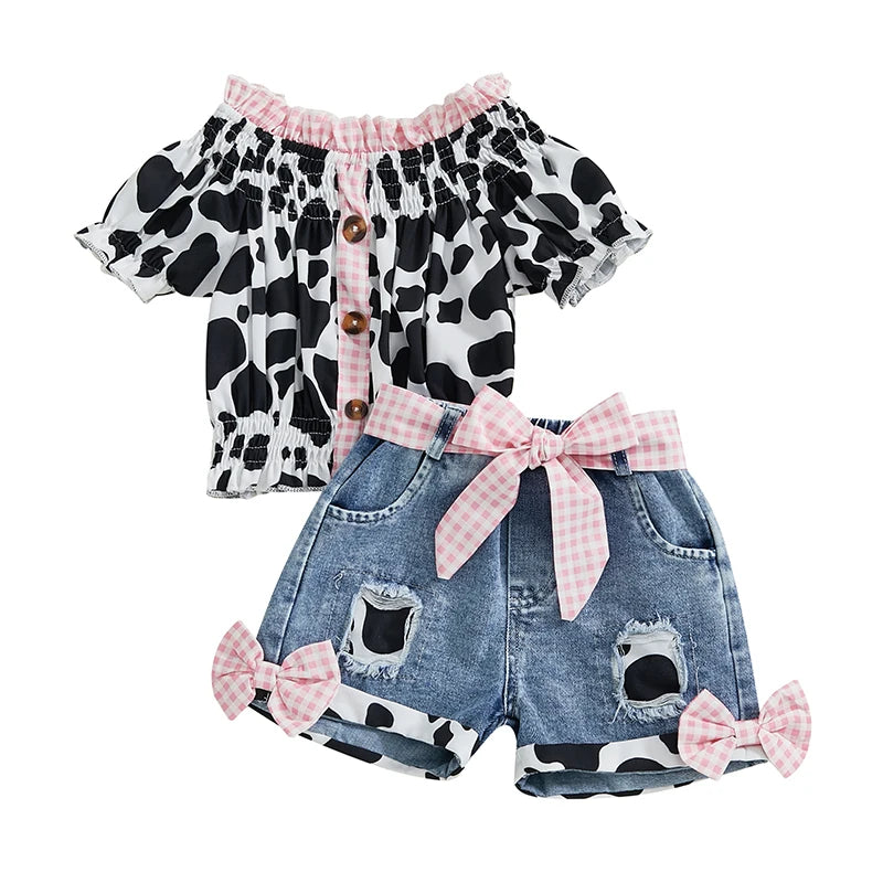 Girls Outfit Leopard Print Top and Denim Shorts with Frayed Hem and Belt Set