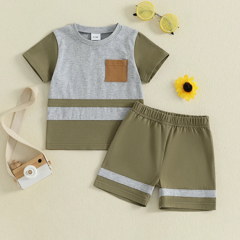 Baby Boys Casual Summer Outfits Striped Short Sleeve T-Shirts and Drawstring Waist Shorts 2-Piece Clothing Set