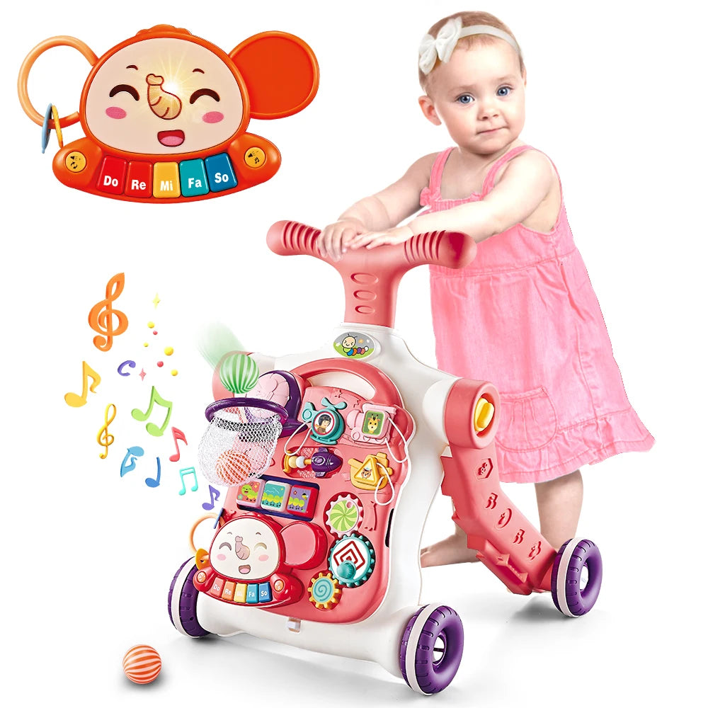 Baby Walker 5 in 1 Sit-to-Stand Learning Scooter Balance Bike Push Walker Table Toys with Music for Toddlers Infant Kids