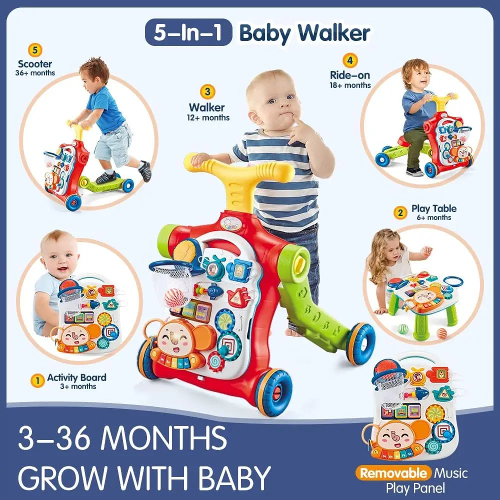 Baby Walker 5 in 1 Sit-to-Stand Learning Scooter Balance Bike Push Walker Table Toys with Music for Toddlers Infant Kids