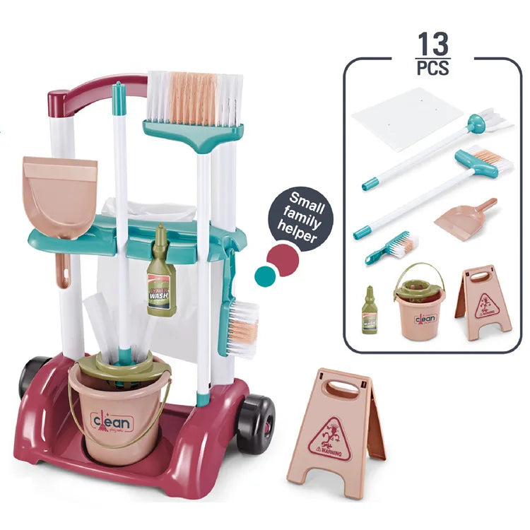 Kid Cleaning Toy Set Detachable Housekeeping Cart with Cleaning Tools Pretend Play Toys Gifts for Child Develop Hand-on Ability